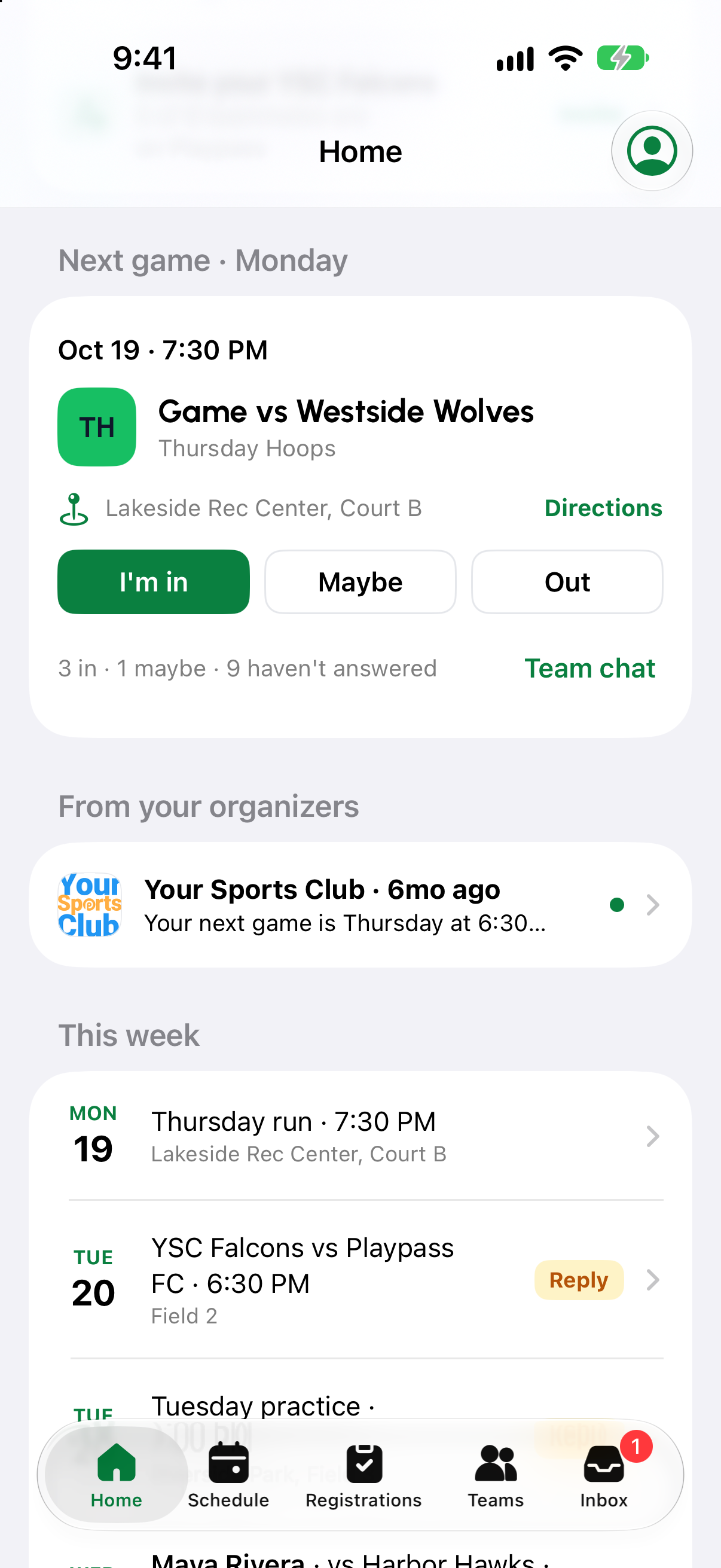 See your next game, follow schedules, and get organizer updates.
