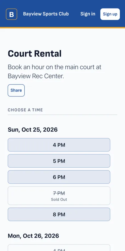 A court rental page on a player's phone, with the date and the hours open for booking