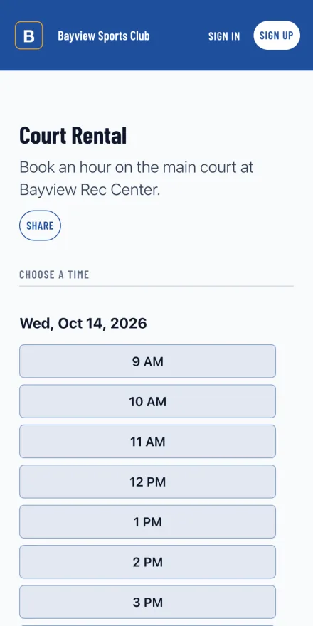 A court rental page on a player's phone, with the date and the hours open for booking