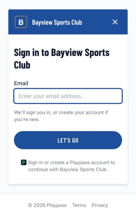 A club's own sign-in card on a phone, showing the club's logo and colors above the email field
