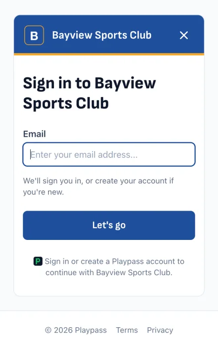 A club's own sign-in card on a phone, showing the club's logo and colors above the email field