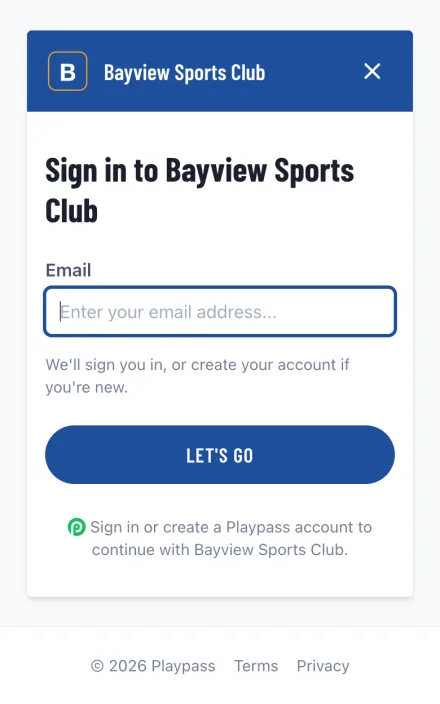 A club's own sign-in card on a phone, showing the club's logo and colors above the email field