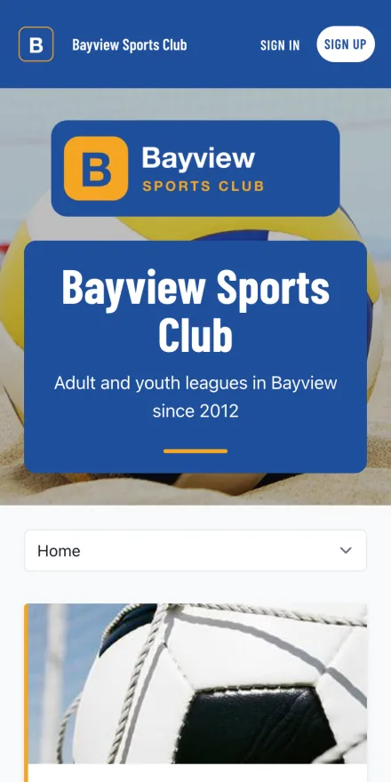 The club's website on a player's phone, showing the logo, the league, and the open registration