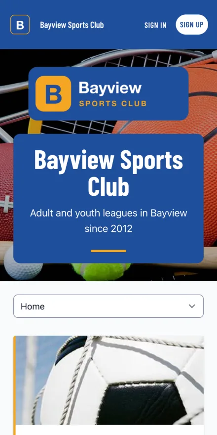 The club's website on a player's phone, showing the logo, the league, and the open registration