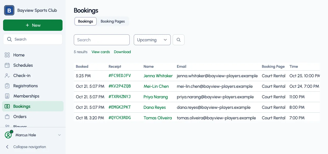 The bookings list in the dashboard, a table of reservations with the booking page, the time booked, and the status