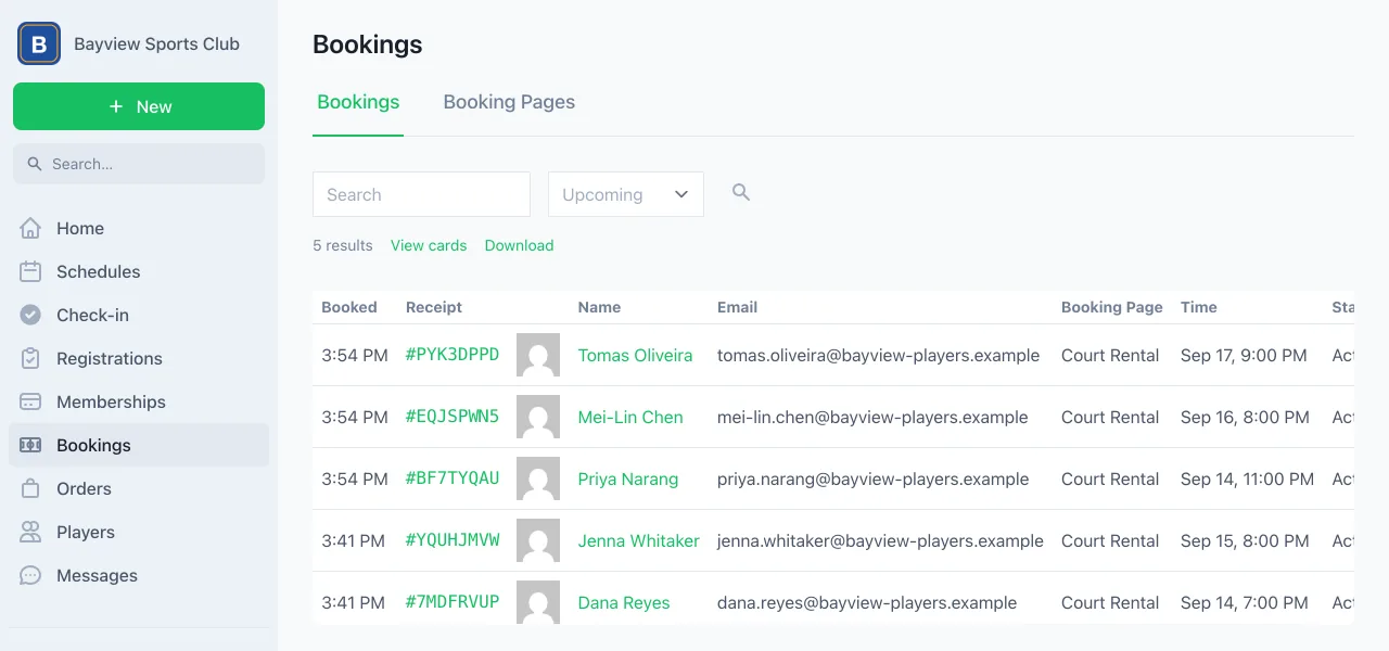 The bookings list in the dashboard, a table of reservations with the booking page, the time booked, and the status