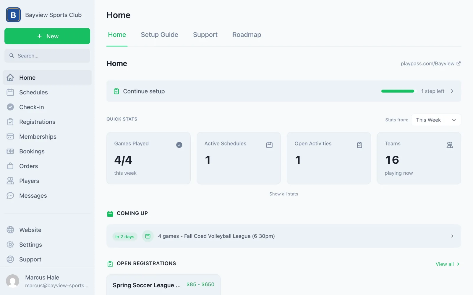 The dashboard home page, showing the week's games, open registrations, and quick stats