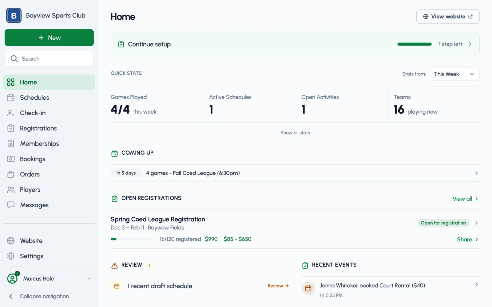 The dashboard home page, showing the week's games, open registrations, and quick stats