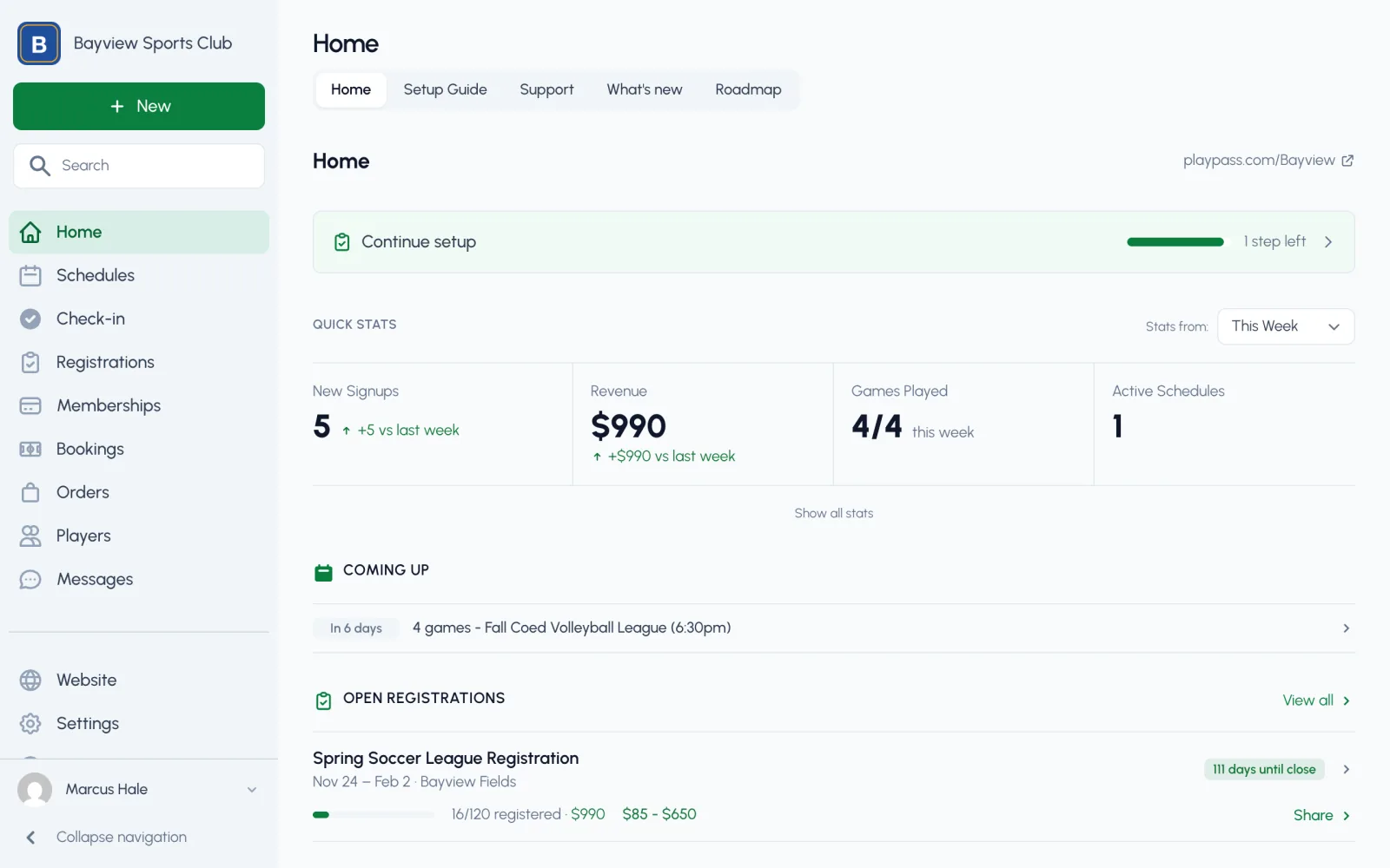 The dashboard home page, showing the week's games, open registrations, and quick stats