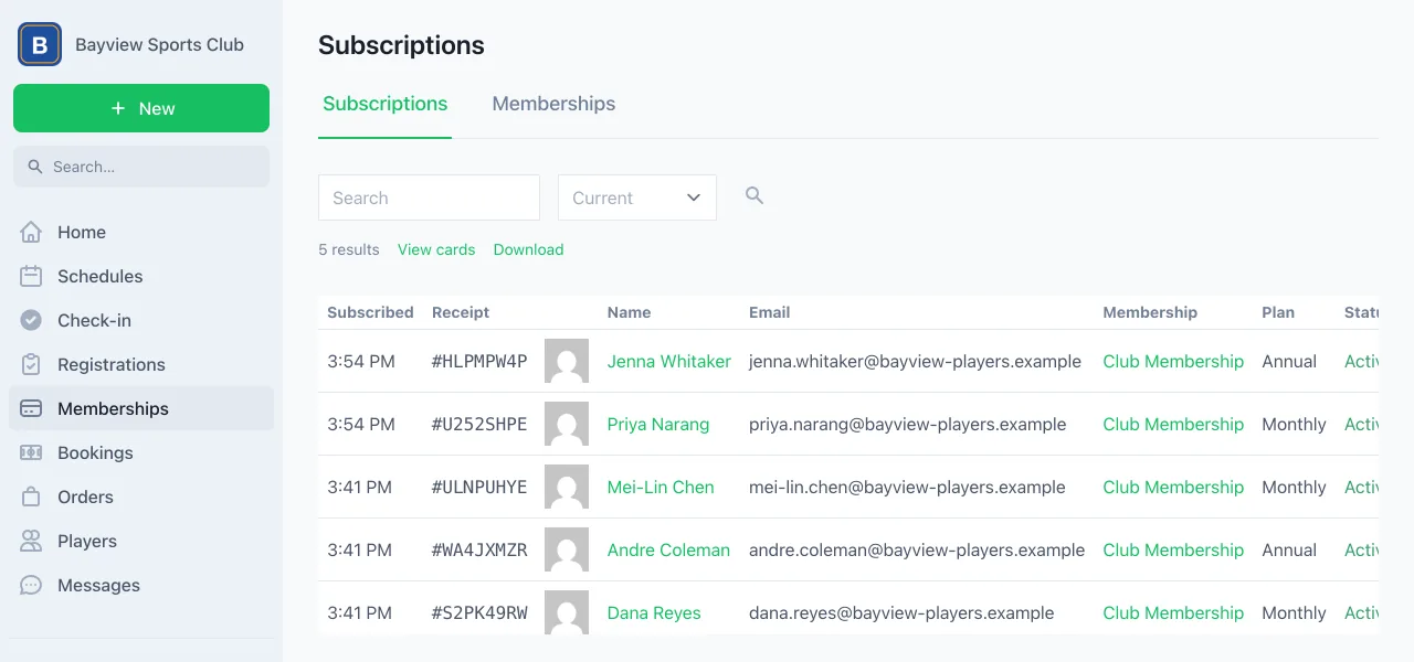 The subscriptions list in the dashboard, a table of members with the membership they joined, their plan, and their status