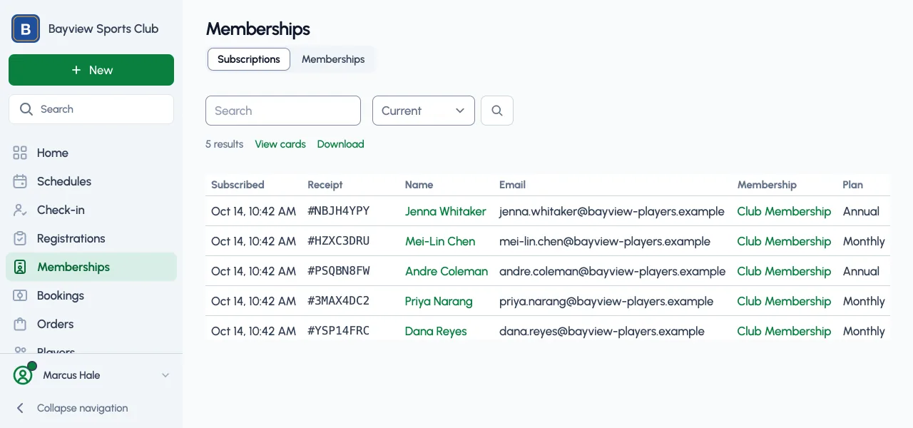 The subscriptions list in the dashboard, a table of members with the membership they joined, their plan, and their status