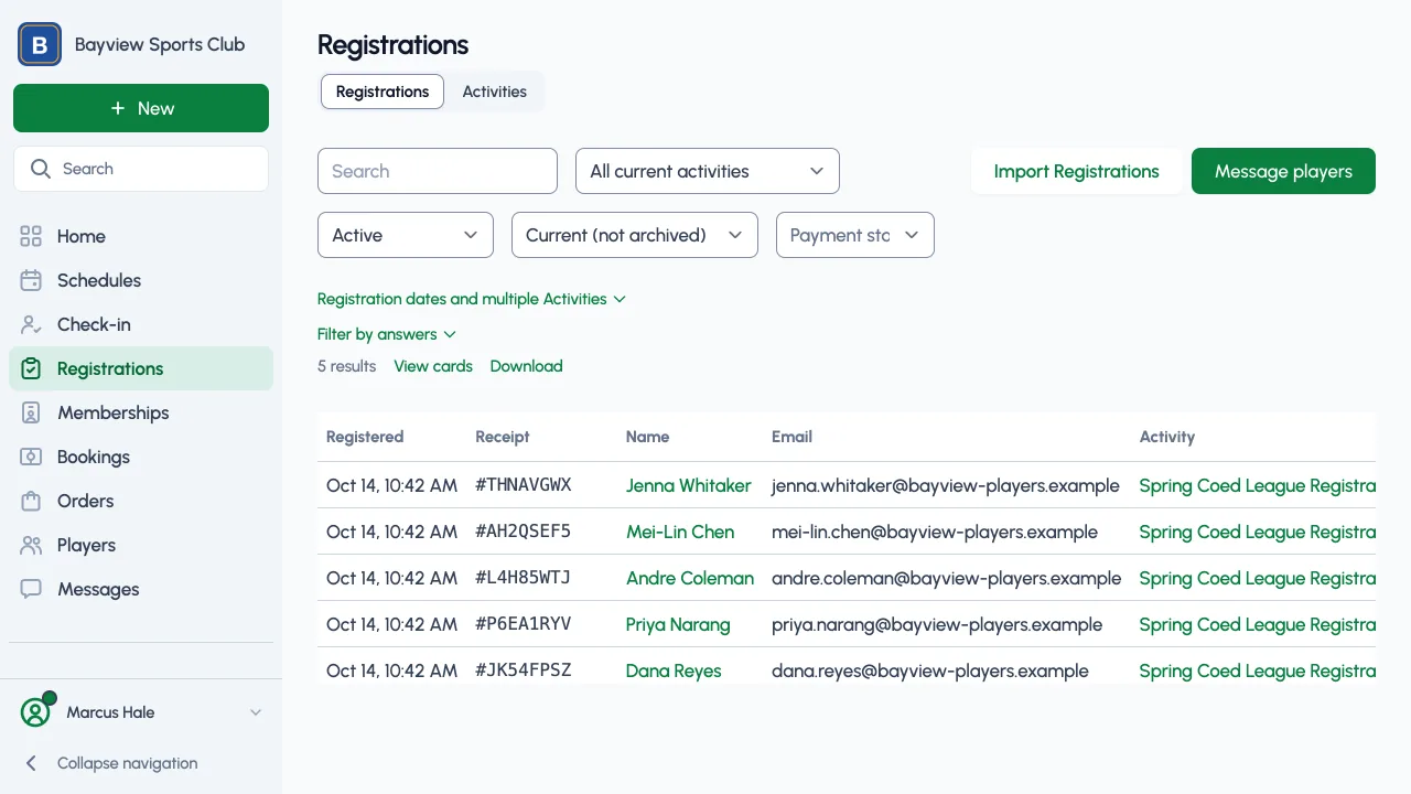 The registrations list in the dashboard, a table of players with the date they registered, their receipt number, email, and activity