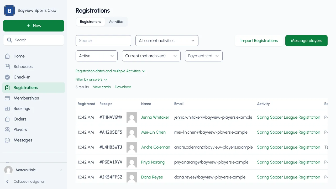 The registrations list in the dashboard, a table of players with the date they registered, their receipt number, email, and activity