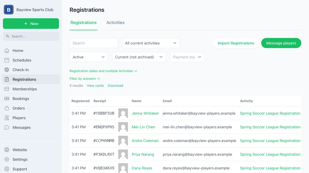 The registrations list in the dashboard, a table of players with the date they registered, their receipt number, email, and activity