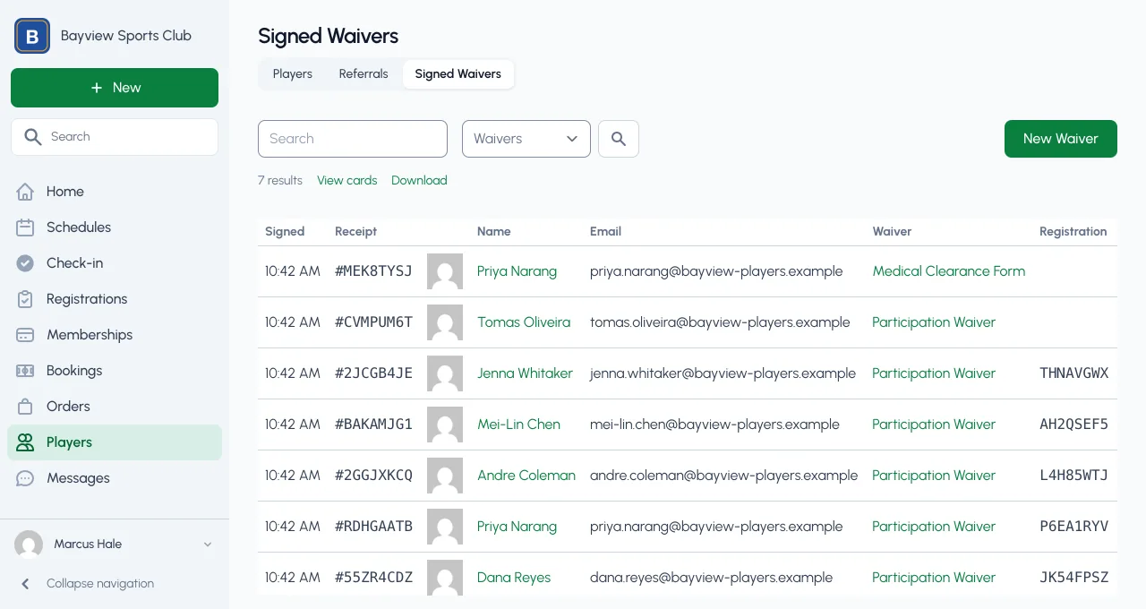 The signed waivers list in the dashboard, a table of signatures with the waiver, the registration each came from, and when it was signed