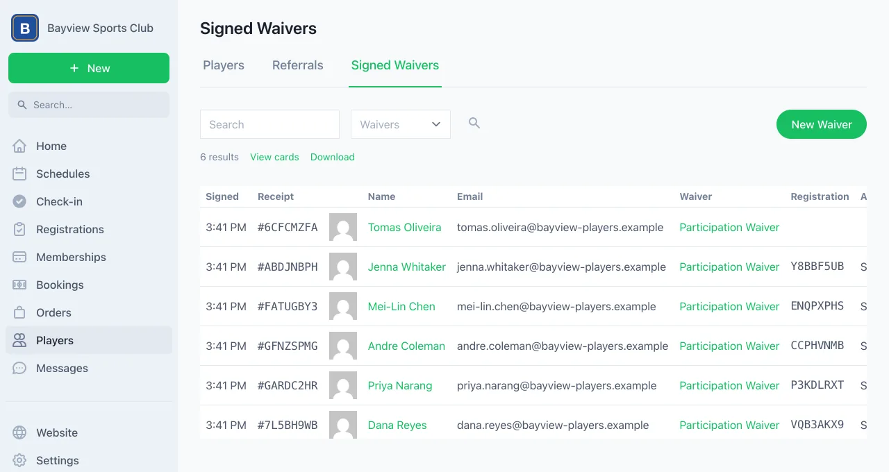 The signed waivers list in the dashboard, a table of signatures with the waiver, the registration each came from, and when it was signed