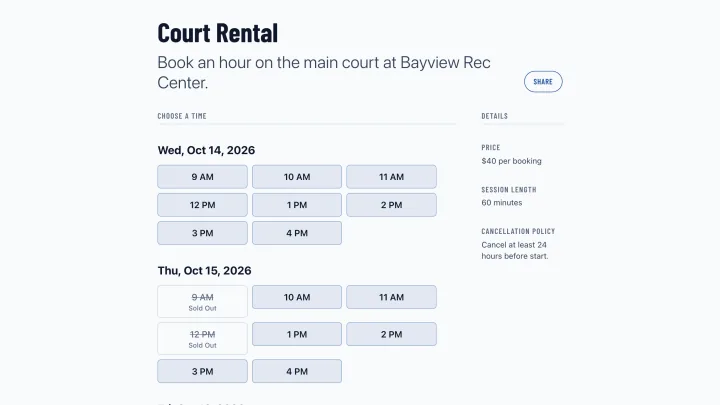 A court rental page, showing the hours open for booking on the club's court