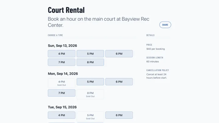 A court rental page, showing the hours open for booking on the club's court