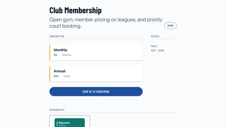 A club membership page, showing its monthly and annual plans
