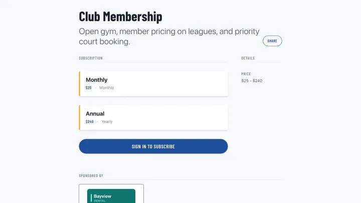 A club membership page, showing its monthly and annual plans