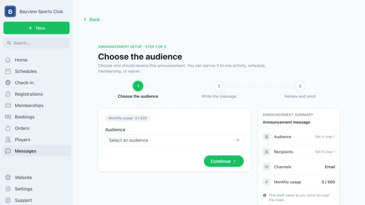 The announcement composer in the dashboard, with the audience, subject, and message