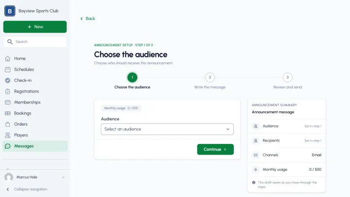 The announcement composer in the dashboard, with the audience, subject, and message