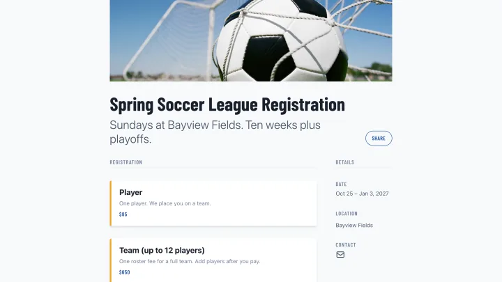 League registration page showing player and team prices