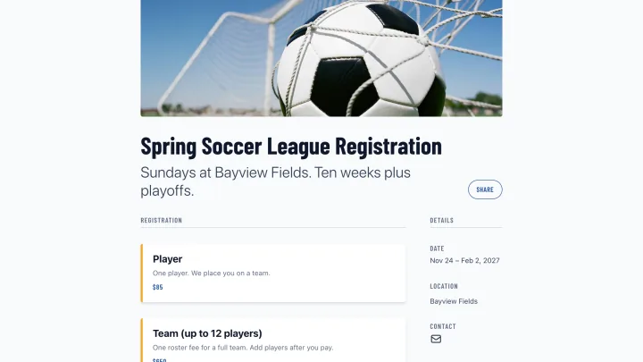 League registration page showing player and team prices