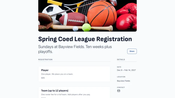 League registration page showing player and team prices