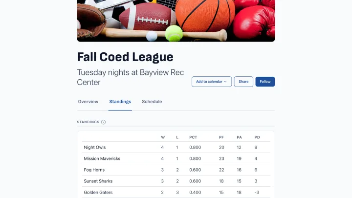 League standings table showing wins, losses, and points for eight teams