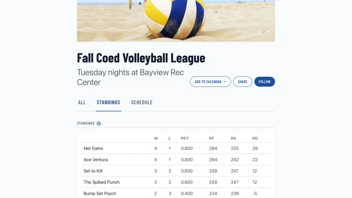 League standings table showing wins, losses, and points for eight teams