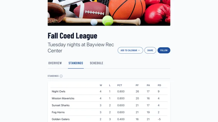 League standings table showing wins, losses, and points for eight teams