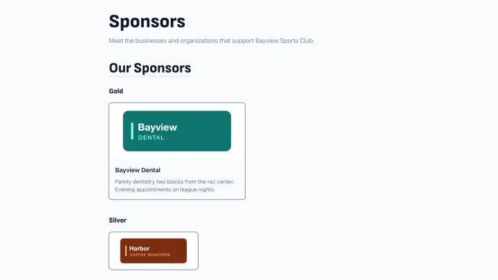 A club's sponsor directory, showing three sponsors and their logos