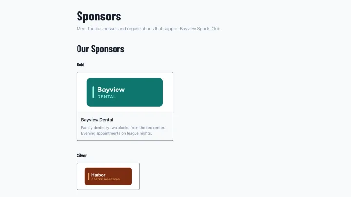 A club's sponsor directory, showing three sponsors and their logos