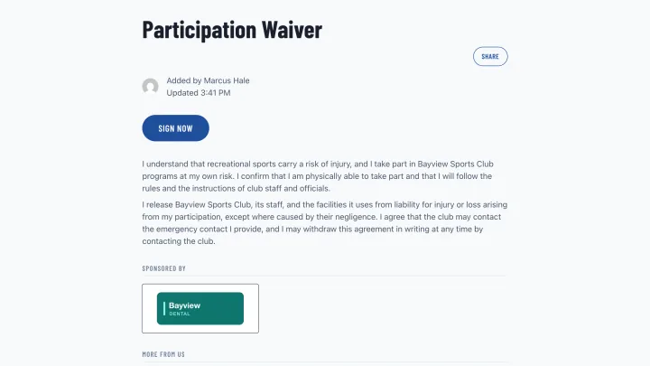 A participation waiver page, ready for a player to sign