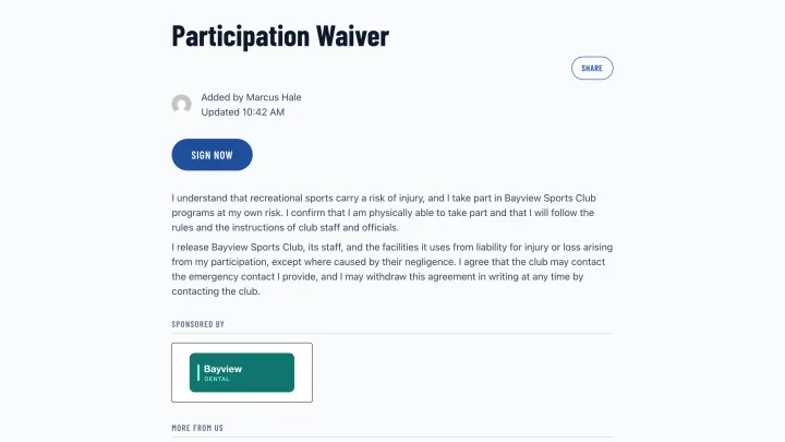 A participation waiver page, ready for a player to sign