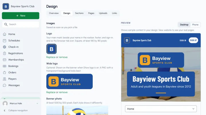 The Website Design page in the dashboard, with the live preview of the club's site