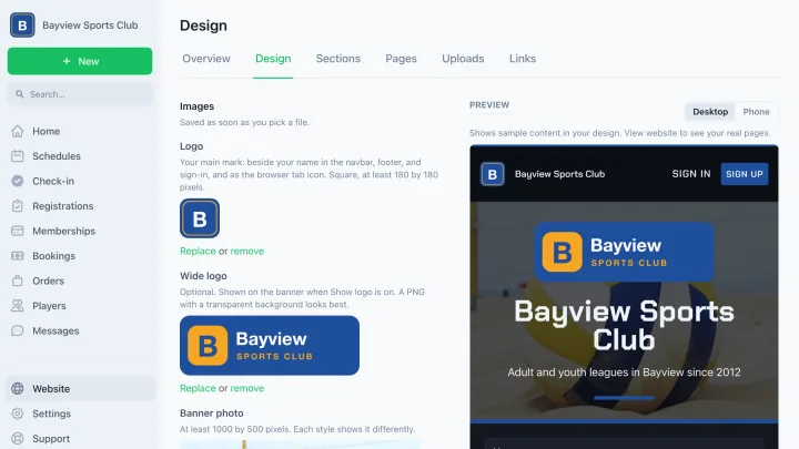 The Website Design page in the dashboard, with the live preview of the club's site