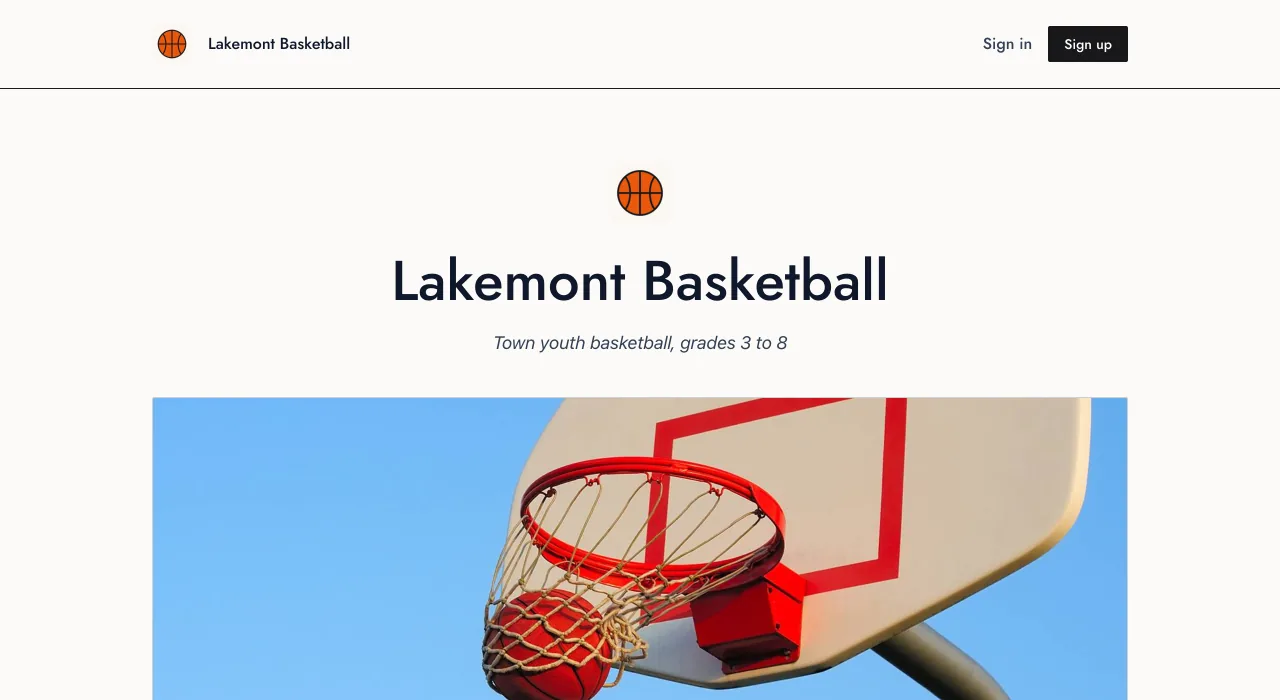 The Lakemont Basketball website in the Clubhouse style, with a basketball monogram and its name on an off-white page above a ball dropping through the hoop