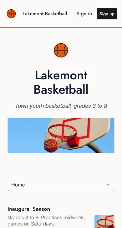The same basketball club's website on a phone, with its monogram, banner photo, and inaugural season registration