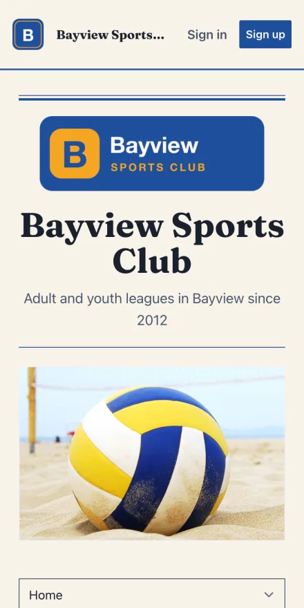 The same club's website in the Bulletin style on a phone