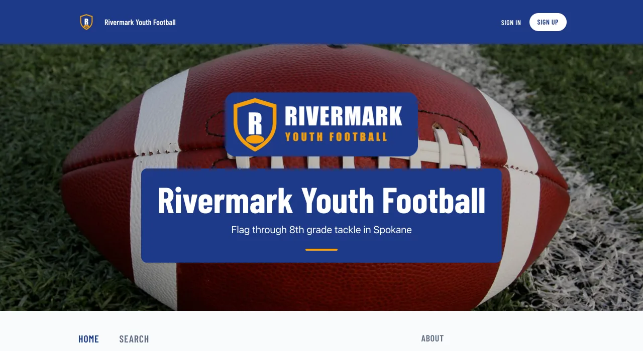 The Rivermark Youth Football website in the Varsity style, with its shield logo and name on a navy panel over a football on the field