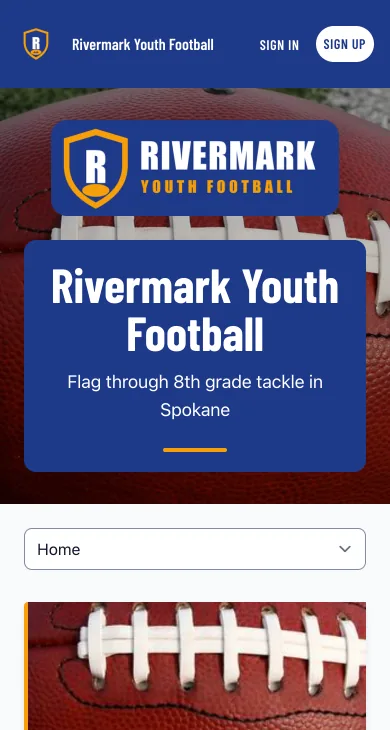The same football club's website on a phone, with its shield logo, name panel, and page menu