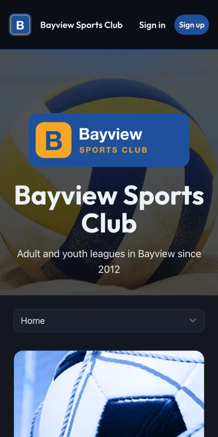 The same club's website in the Neon style on a phone