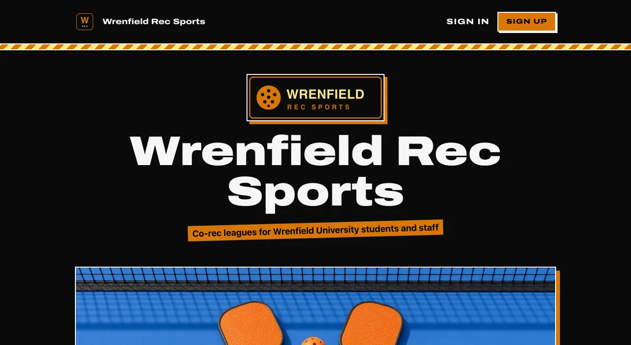 The Wrenfield Rec Sports website in the dark Blacktop style, with a copper-outlined logo, wide white type, and paddles on a blue court