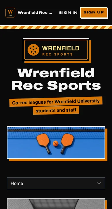 The same pickleball club's website on a phone, with its copper-outlined logo, wide type, and paddles on a court