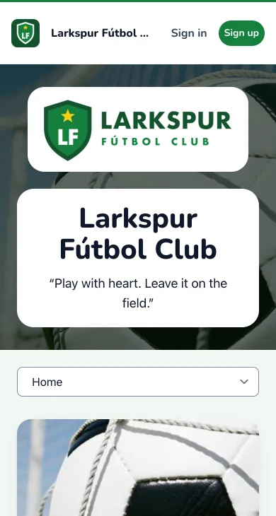 The same soccer club's website on a phone, with its crest and name on rounded cards above its page menu