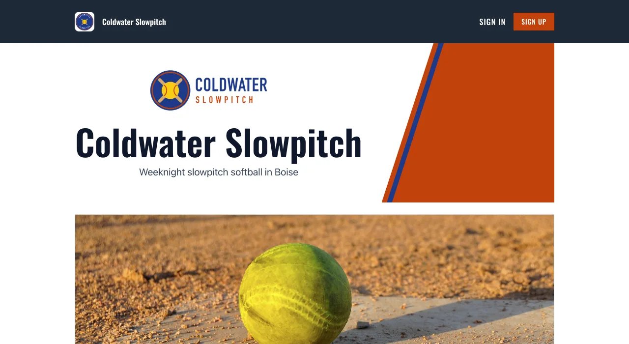 The Coldwater Slowpitch website in the Scoreboard style, with its crossed-bats patch, a charcoal bar, and an orange banner cut on the diagonal