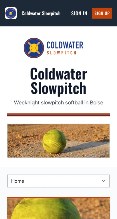 The same softball club's website on a phone, with its patch logo, name, and banner photo