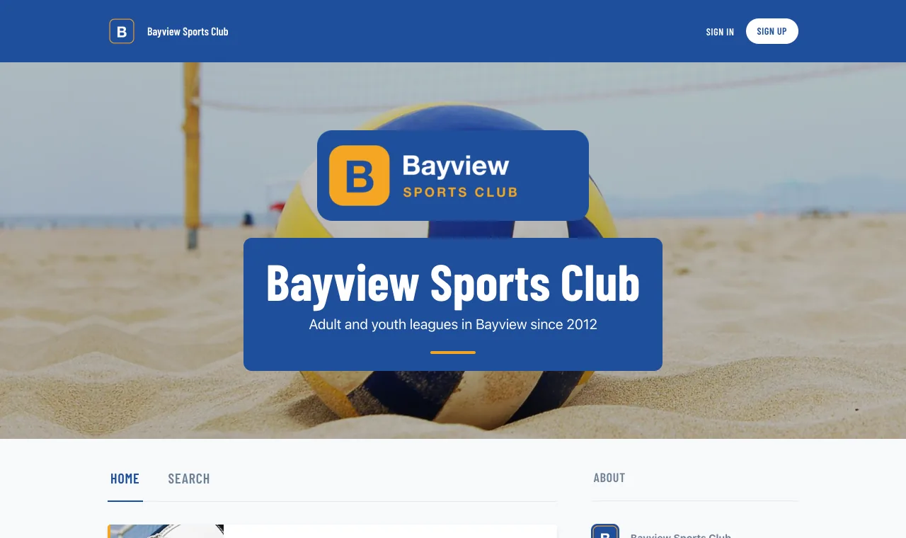 Club website in the Varsity style showing the logo, a league, and an open registration
